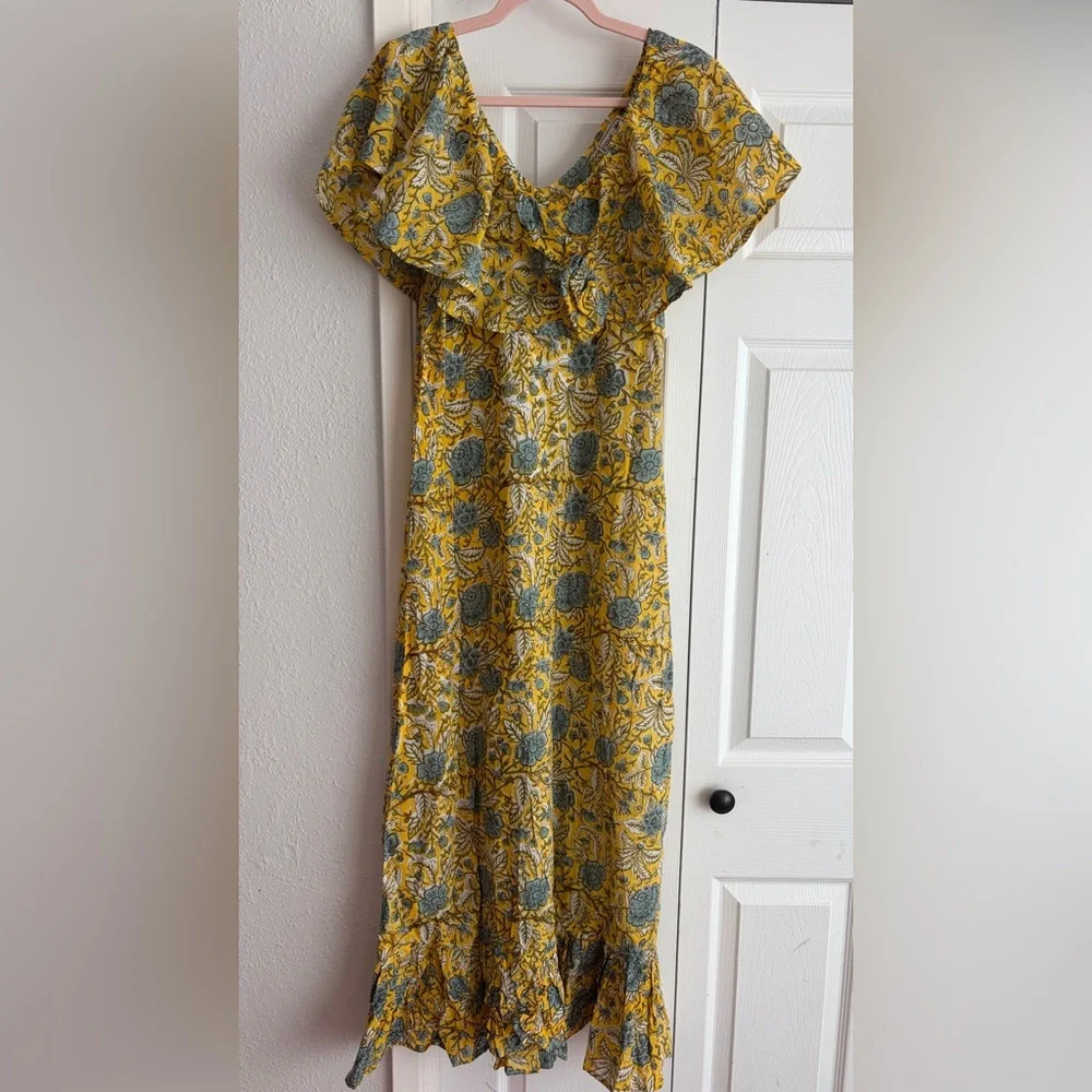 MILLE Resort & Travel Juliet Yellow Blue Floral Ruffle Maxi Summer Cotton Dress